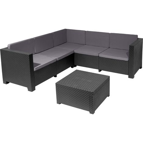 Pegane – Salon de jardin 5 places en résine tressée recyclée anthracite – 2 canapés modulables – Table basse résistante aux intempéries – Coussins déhoussables