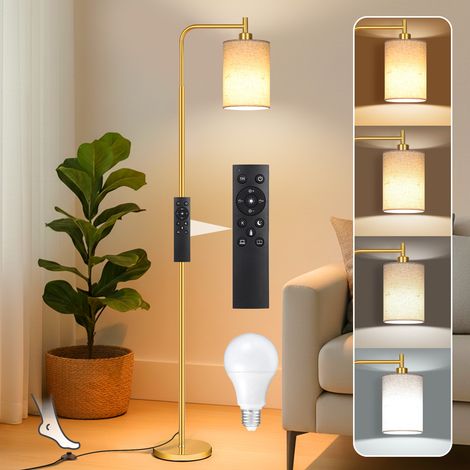 ROSNEK Stehlampe Wohnzimmer dimmbar 12W E27 mit Fernbedienung Leinenschirm Timer Fußschalter 3000-6500K Gold (1/5)
