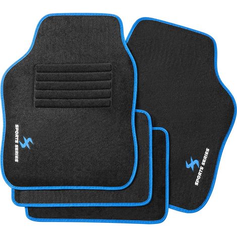 Woltu – Tapis de voiture antidérapant noir avec liseré bleu – Lot de 4 pièces – Tapis avant 65.5x45 cm, arrière 33x45 cm – Protection contre l'eau et la saleté