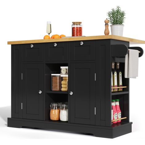 Îlot de cuisine mobile avec plan de travail rabattable 2-en-1, rangements multiples, prise intégrée, roulettes freinées, finition bois clair et noir - CHICFURN (1/5)