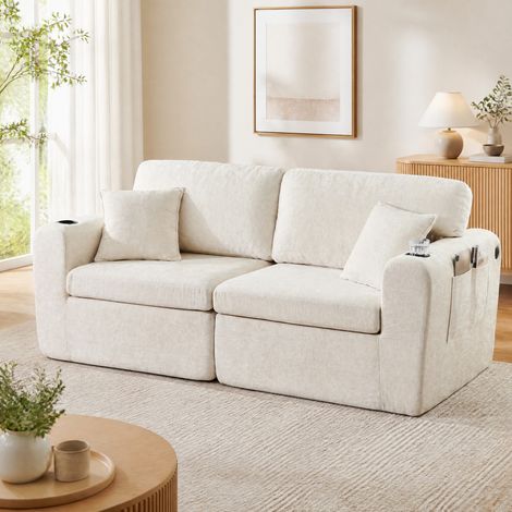 Divano relax a 2 posti in ciniglia beige per piccoli spazi con portabicchieri (1/5)
