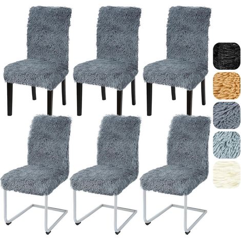 Stuhlhussen 6er Set Plüsch Stretch Dunkelgrau für Esszimmerstühle (1/5)
