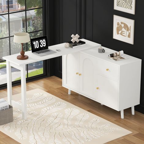 MODFU – Escritorio 2-en-1 120x40x74,5 cm de aglomerado giratorio 360° con función aparador, 3 puertas y 1 cajón – Blanco/dorado (1/5)