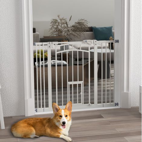 Barrière de sécurité pour chiens avec porte chat, fermeture automatique, 74-100 cm, blanc (1/5)