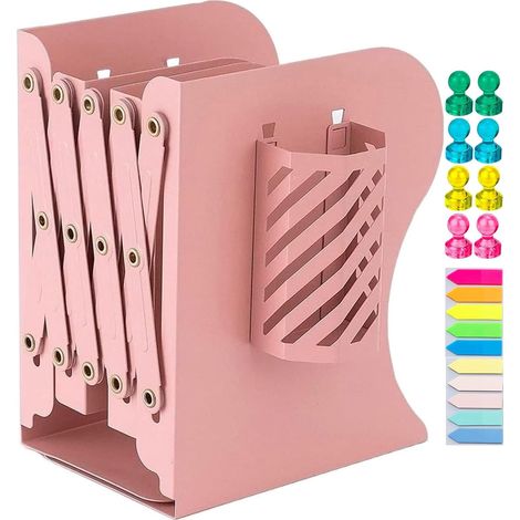 Serre-livres réglables avec porte-stylo rose pour une organisation flexible dans le bureau, la maison et l'école