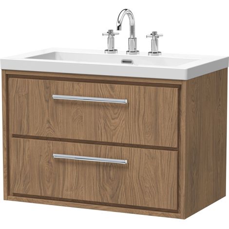 Longnor 2 Drawer Wall Hung Vanity Unit with 3 Tap Hole Modern Fireclay Basin, Antique Oak, 800mm
