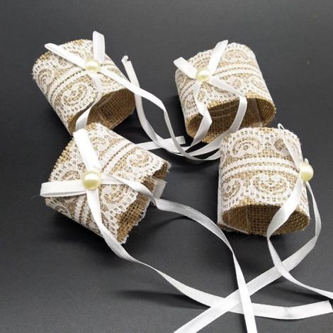 Boucle De Serviette - Lin - Motif Nœud Papillon En Dentelle - Pour Mariage Fête Banquet - 18,5 X 5 Cm - Kaki - 6 Pièces (1/4)