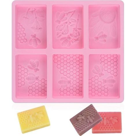 Moules en silicone abeille 3D, moules en nid d'abeille pour savons, moule à gâteau rectangulaire, moule en résine moule à bougie ruche pour artisanat fait maison (carré, rose) (1/5)