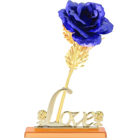 Rose Artificielle en Feuille d'Or 24K, Décoration de Table Bleue pour Cadeau Romantique Saint-Valentin