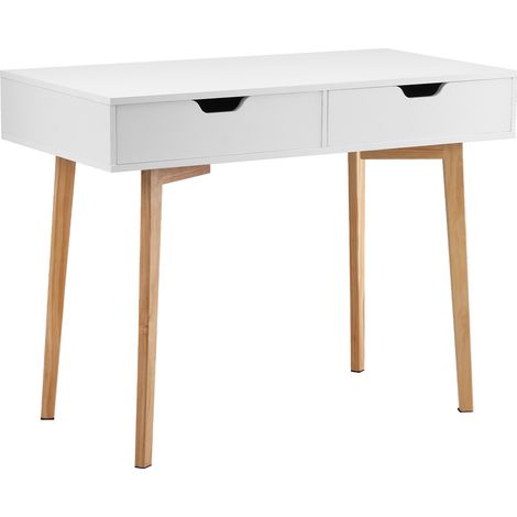 Mophorn Kleiner Schreibtisch mit 2 Schubladen für Schlafzimmer, praktischer Arbeitstisch aus Holz zum Zeichnen und Lesen, rechteckiger Tisch aus MDF mit Ablage für Zuhause oder Büro, Weiß und Holz