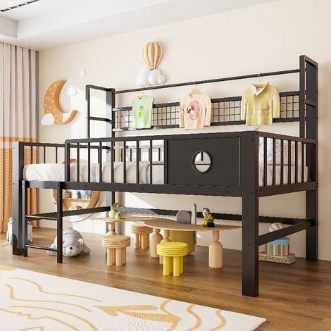 Niedriges Hochbett 90x200 cm Schwarz - Kinderbett mit Stauraum, Kleiderstange und Rausfallschutz - Stabiles Metallbett für Jugendzimmer (1/5)