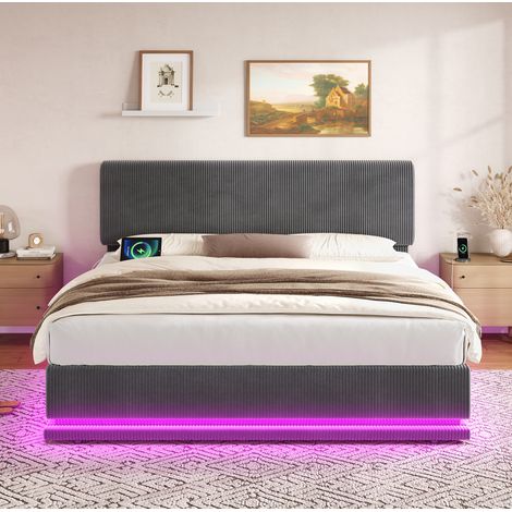 lit adulte double rangement LED 140x200 corduroy gris HAVRYA (1/5)