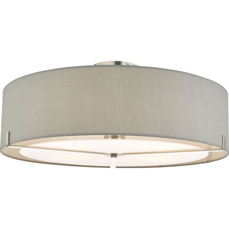 DAR SANTINO - Plafonnier semi-affleurant cylindrique Chrome satiné avec abat-jour gris, 3x E27 (1/3)