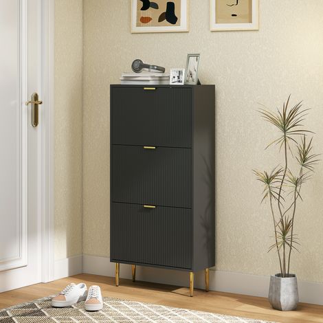 Zapatero para 18 pares con 3 cajones abatibles, puertas estriadas y estantes ajustables, 60x24x122,5 cm, negro.