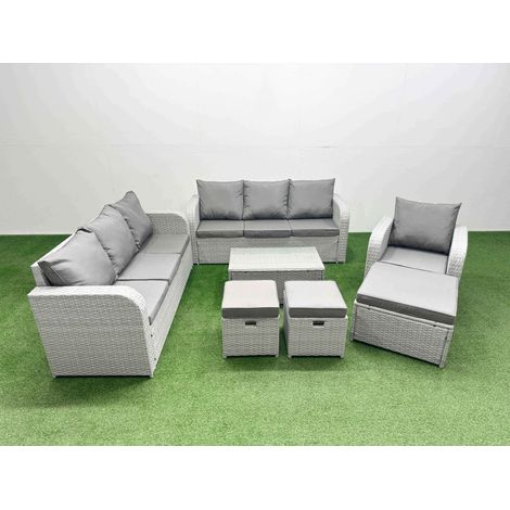 Fimous 10 Seater Poly Rattan Outdoor Garden Furniture Sofa Set Patio 3 Seater Sofa Reclining Chair 3 Seater Sofa 3 Stools Light Grey (1/4)