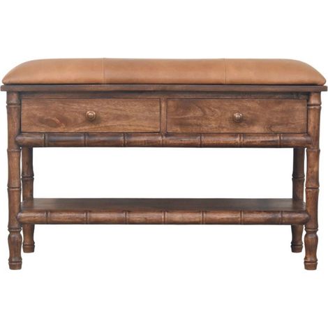 Rangement sculpté bambou en bois massif, 2 tiroirs, 1 étagère ouverte, Brun