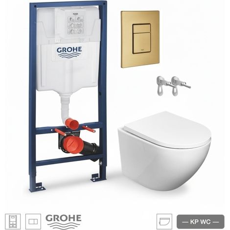 Pack WC suspendido con bastidor Grohe Rapid SL + pulsador Skate oro cepillado + inodoro Round Smart 52 cm Tornado 3.0 KP