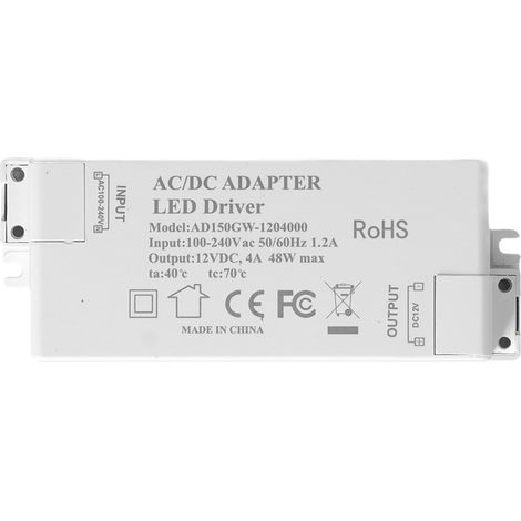 Lot de 2 transformateurs LED 48W 12V 4A, alimentation AC100-240V pour luminaires DIY, certifié CE (modèle Q-48W/AD150GW-1204000). (1/5)
