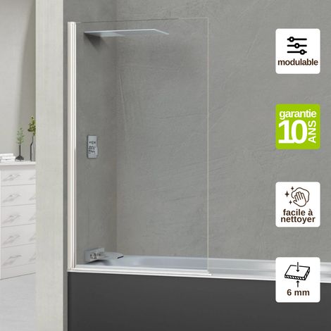 Pare Baignoire fixe + pivotant gauche en verre Trempé transparent ép 6mm anti calcaire, L85H147 cm - profilé blanc- Alsace Sport SUPERBAN (1/4)