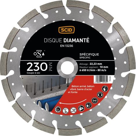 Disque diamant pour meuleuse – Diamètre 230 mm – Coupe béton armé et métal – Couronne segmentée pour refroidissement optimum – Scid (1/4)