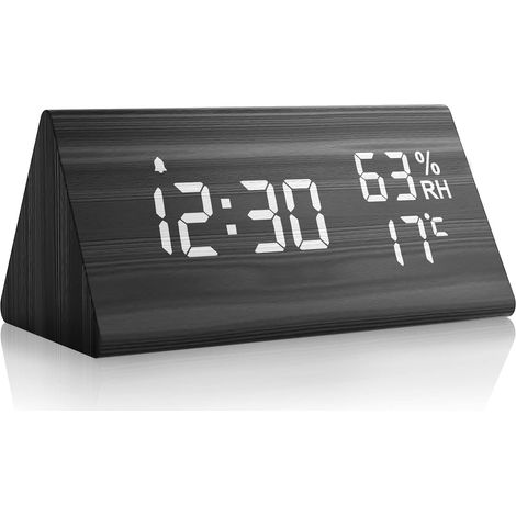 Réveil Numérique en Bois, Horloge Digitale avec Snooze/Date/Température et Humidité-Noir (1/5)