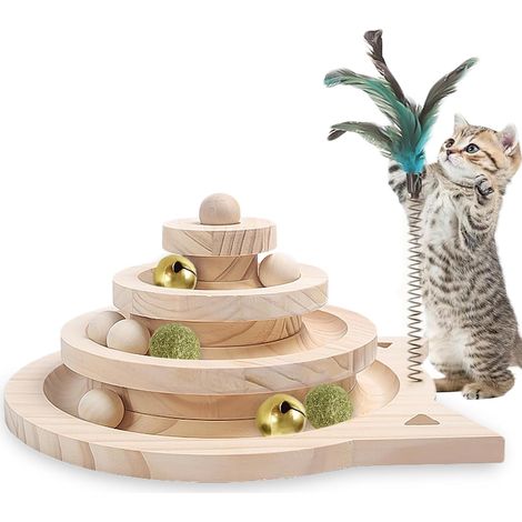 Jouet pour Chat en Bois à 3 Niveaux avec Balle et Piste Jouets à roulettes Interactifs avec 3 Types de Balles Jouet Chat pour Jeu D'intérieur Exercice Mental et Physique Amusant pour Chaton (1/5)