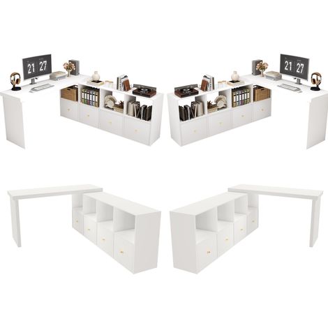 Scrivania angolare girevole 360° 120 x 48 x 78 cm in MDF bianco, 4 cassetti, 4 vani - CHICFURN (1/5)