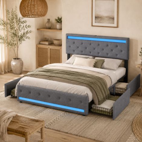 Lit Double pour Adultes, Lit coffre capitonné140x200, Lit rembourré 2 Personnes, tête de lit coffre en coton réglable, avec LED et USB, avec 4 tiroirs, lin, Gris (1/5)