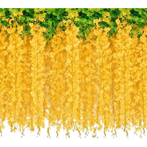 Lot de 4 glycines artificielles à suspendre avec 40 branches, guirlande de fleurs en soie synthétique pour décorations de mariage, jardin, maison et fête (jaune) (1/5)
