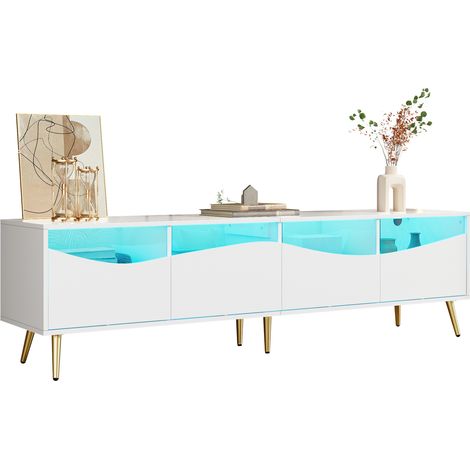 Meuble TV LED 180 cm blanc avec façade en verre, meuble télévision avec rangement, passe-câbles et éclairage Bluetooth réglable par application pour salon moderne – CHICFURN (1/5)
