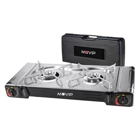 Muvip Cocina de Gas Portatil 2 Fuegos - Doble Bombona - Encendido Automatico - Quemador de Aluminio - Valvula de Doble Sellado - Proteccion Contra Sob