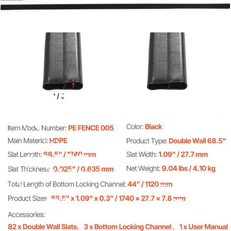 Lattes de confidentialité, matériau HDPE durable, installation facile avec verrouillage par le bas, PE 6ft Noir (1/2)