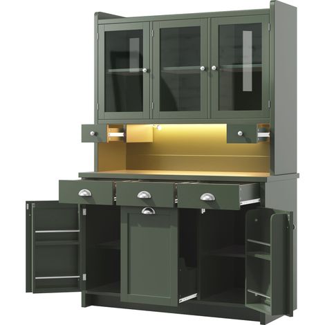 CAIziArmoire de cuisine avec éclairage LED commandé par application, 180x120 cm, 3 portes vitrées, grand espace de rangement, vert (1/5)