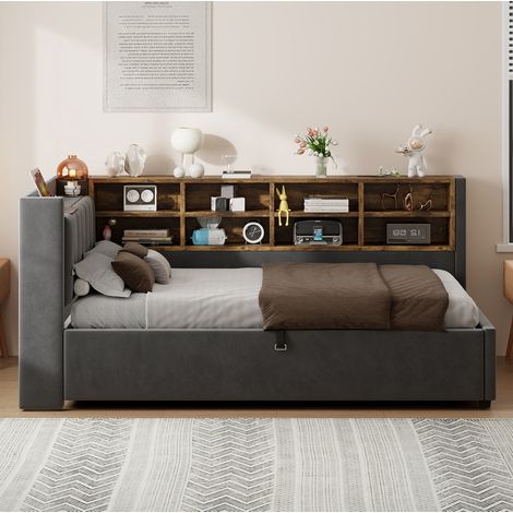 Cama 90x200 cm de terciopelo gris oscuro con almacenaje hidráulico, sin colchón – MEUBLIV (1/5)