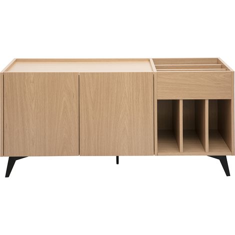 Buffet para almacenamiento de vinilos en madera clara acabado roble y metal negro L140 cm SEDA