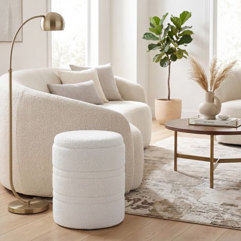 Pouf de rangement rond en peau de mouton 33 L avec couvercle réversible, idéal pour le salon ou la chambre, blanc. (1/5)