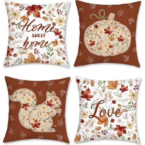CCYKXAHousse de Coussin Automne 45x45 cm Feuilles d’Automne Écureuil Citrouille Velours Doux Décoratif Taie d'oreiller pour Salon Chambre Chaise Jardin (1/5)
