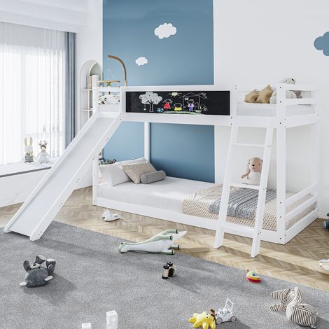 Letto a castello 90x200 cm, 2 posti, con scivolo, scala, tavola da disegno, sommier a doghe, recinzione di sicurezza, letto per bambini in legno - Bianco (1/5)