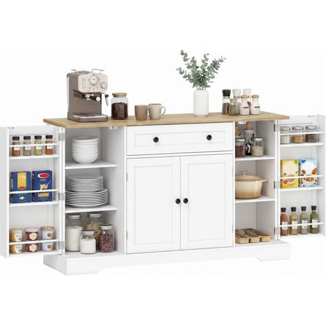 Buffet de cuisine à 4 portes, tiroir, étagère réglable, étagères de porte pour cuisine ou salle à manger, 138 x 40 x 85 cm, blanc (1/5)