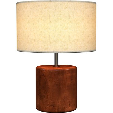 Beyamis Rustikale Tischlampe, Nachttischlampe mit Holzfuß, Leinenschirm, Neigungsschalter, Braun