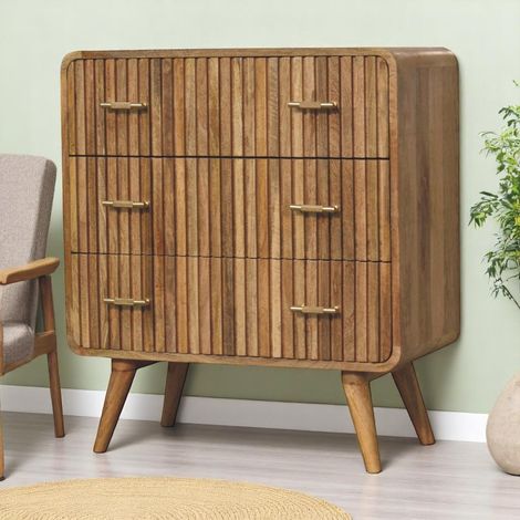 Commode 3 tiroirs sur pieds nordiques, rangement pour chambre ou salon, bois marron