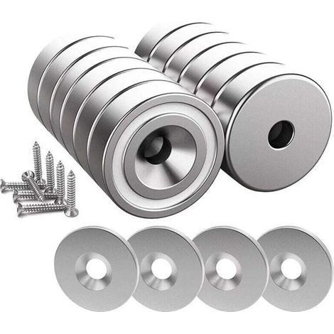 12 aimants néodyme cylindriques avec boîtier en acier biseauté, 20 × 7 mm, force de maintien 10 kg, avec trou central et capuchon, livrés avec vis de fixation et 12 rondelles en acier (finition argent