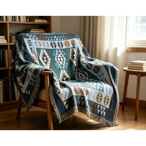 Manta de sofá azul de estilo bohemio, tejida étnicamente, con estampado geométrico bohemio en azul y caqui, ideal para el hogar y la oficina. (1/4)