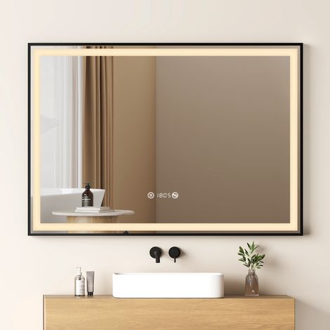 EMKE LED Badezimmerspiegel 70x100cm Badspiegel mit Antibeschlag Warmweiß Dimmbar Uhr Temperatur Matt-schwarzer Metallrahmen