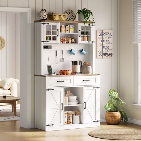 Credenza Bar con 2 Cassetti, 2 Ante e Nicchie Aperte, LED, Prese USB e Type-C, per Cucina, MDF, Bianco Marrone (1/5)