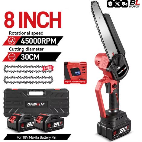 Tronçonneuse Électrique Sans Fil 8 Pouces Sans Balais Huileur Automatique Outil de Coupe Bois Portable Compatible Makita 18V avec 2 Batteries (1/5)