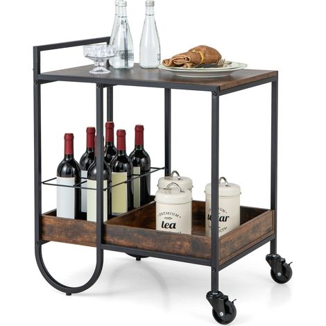Industrial Bar Trolley Cart Rolling Buffet Serving Cart W/ Metal Wire Wine Rack (1/5)