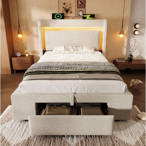 lit adulte rangement hydraulique 90x200 lin beige LED OKMYHOME (1/5)
