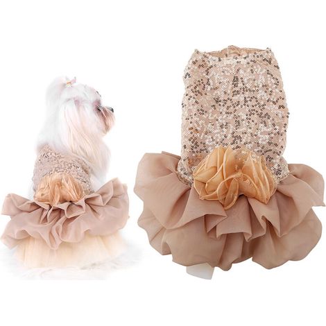 Jeffergarden Robe d'été en tissu pour animaux de compagnie, petit chien, chiot, jupe à bulles de princesse à paillettes, Costume de mariage (or L)