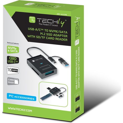 Techly Adattatore USB-A/USB-C a NVMe/SATA M.2 con Lettore Memorie SD/TF Nero (1/4)